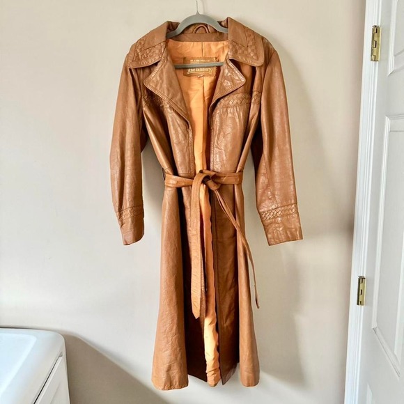 Vintage 70s Cognac Leather Trench Coat Woven Braided - Picture 3 of 11